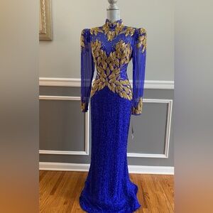 Vintage Silk Beaded Gown Women’s Size Large 1990’s Couture Blue / Gold NEW